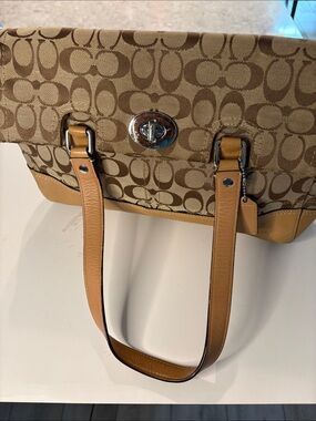 Coach Tan & Brown Vintage Signature Canvas Satchel with Turn-Lock. Model# F3070